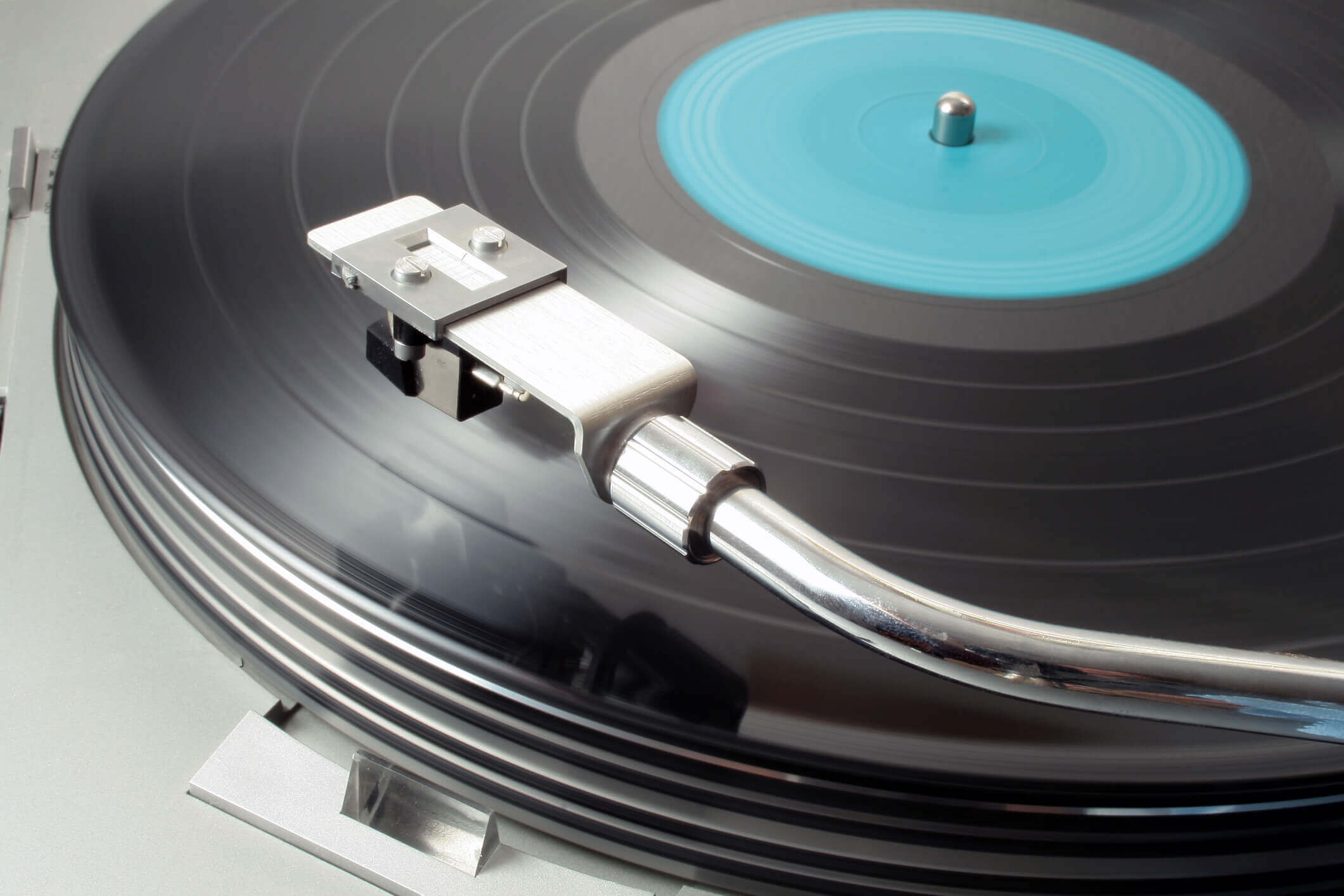 Close-up of a vinyl record in a player